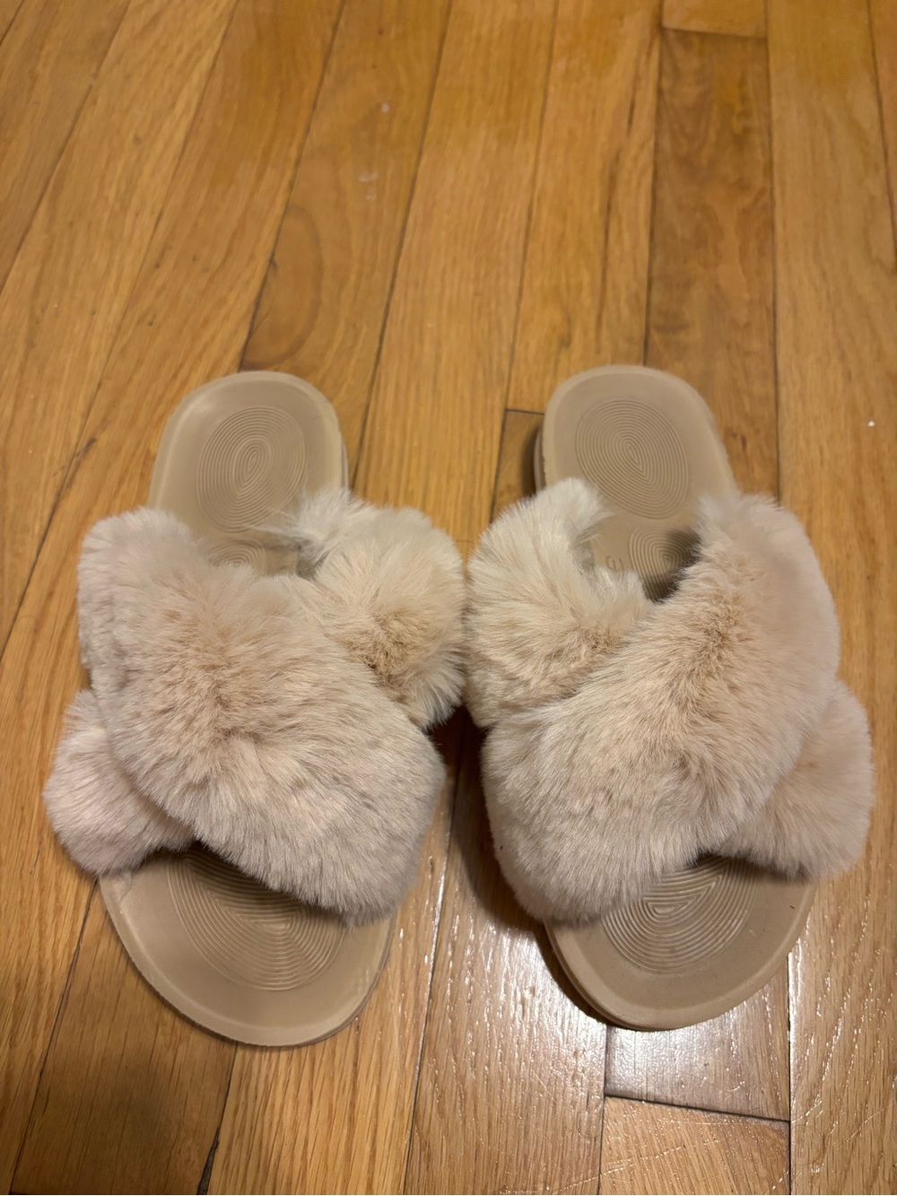 Plush Cross-Band Faux Fur Slide Sandals - Beige